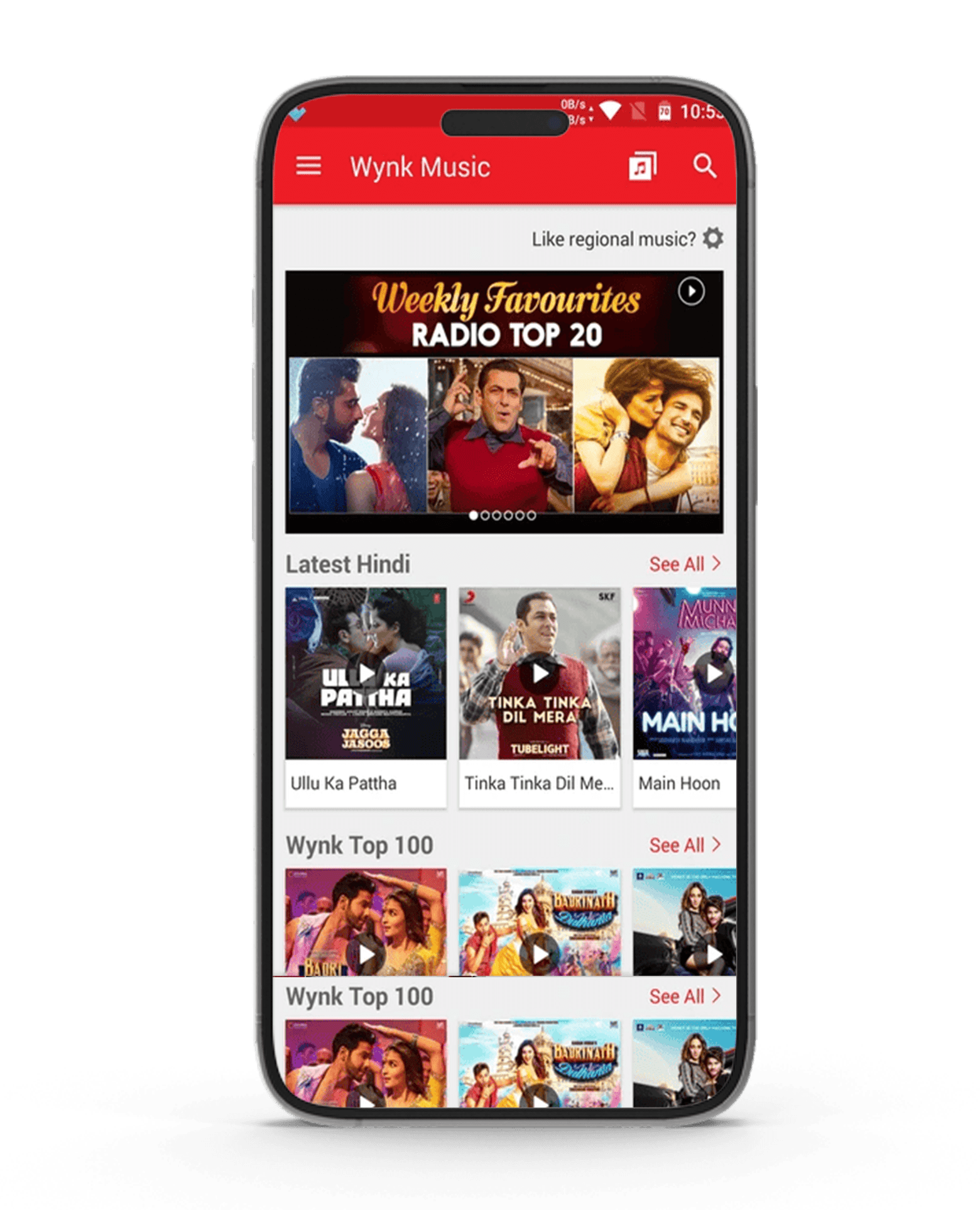 Wynk Music app screen showing Top 20 and Latest Hindi songs
