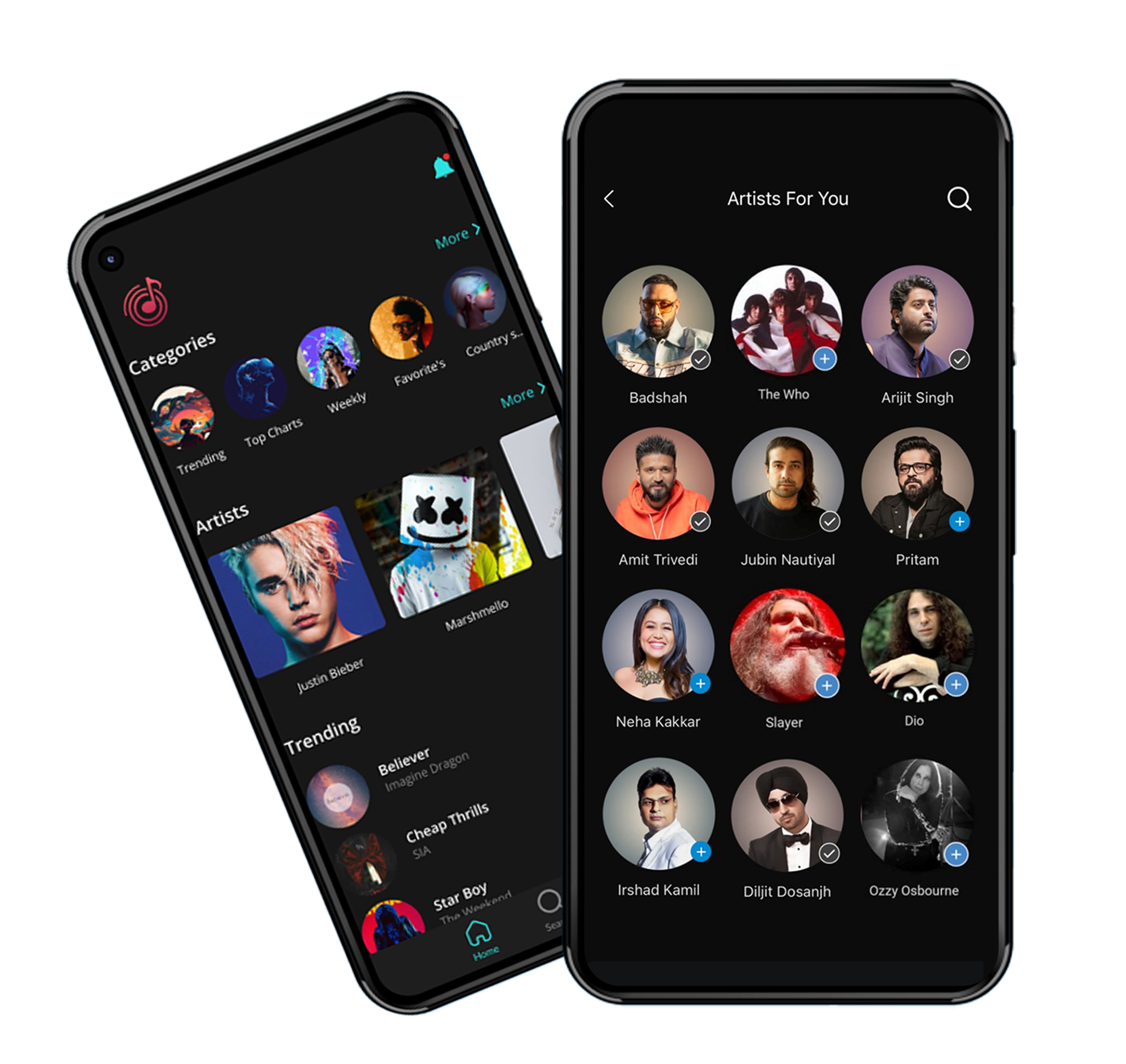 Wynk Music app screen: Categories, Artists for You, Trending