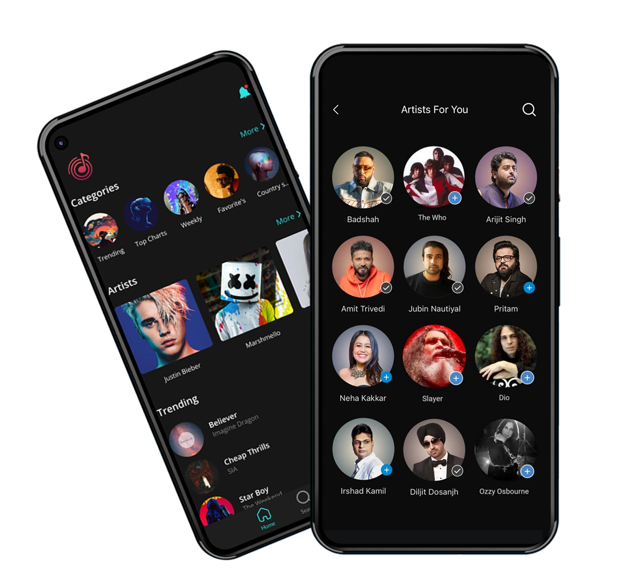 Wynk Music app screen: Categories, Artists for You, Trending
