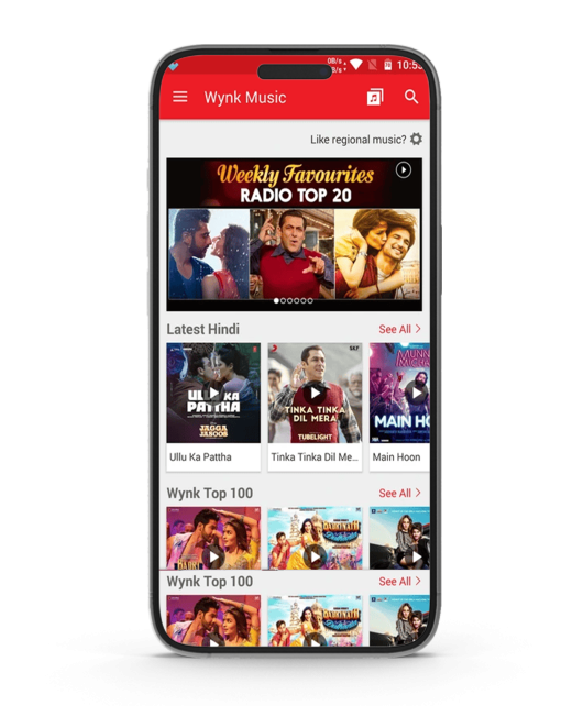 Wynk Music app screen showing Top 20 and Latest Hindi songs